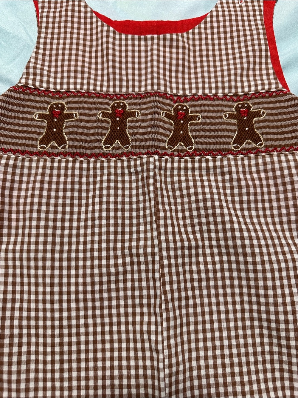 Gingerbread Gingham Holiday jumper with Red Trim